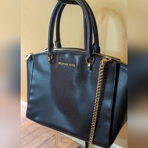 Michael Kors Black Leather Shoulder Bag With Crossbody Strap Chain Tote Nice!